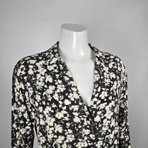 Saint Tropez Black & Cream Floral Button-Front Tie-Waist Midi Dress - Size M