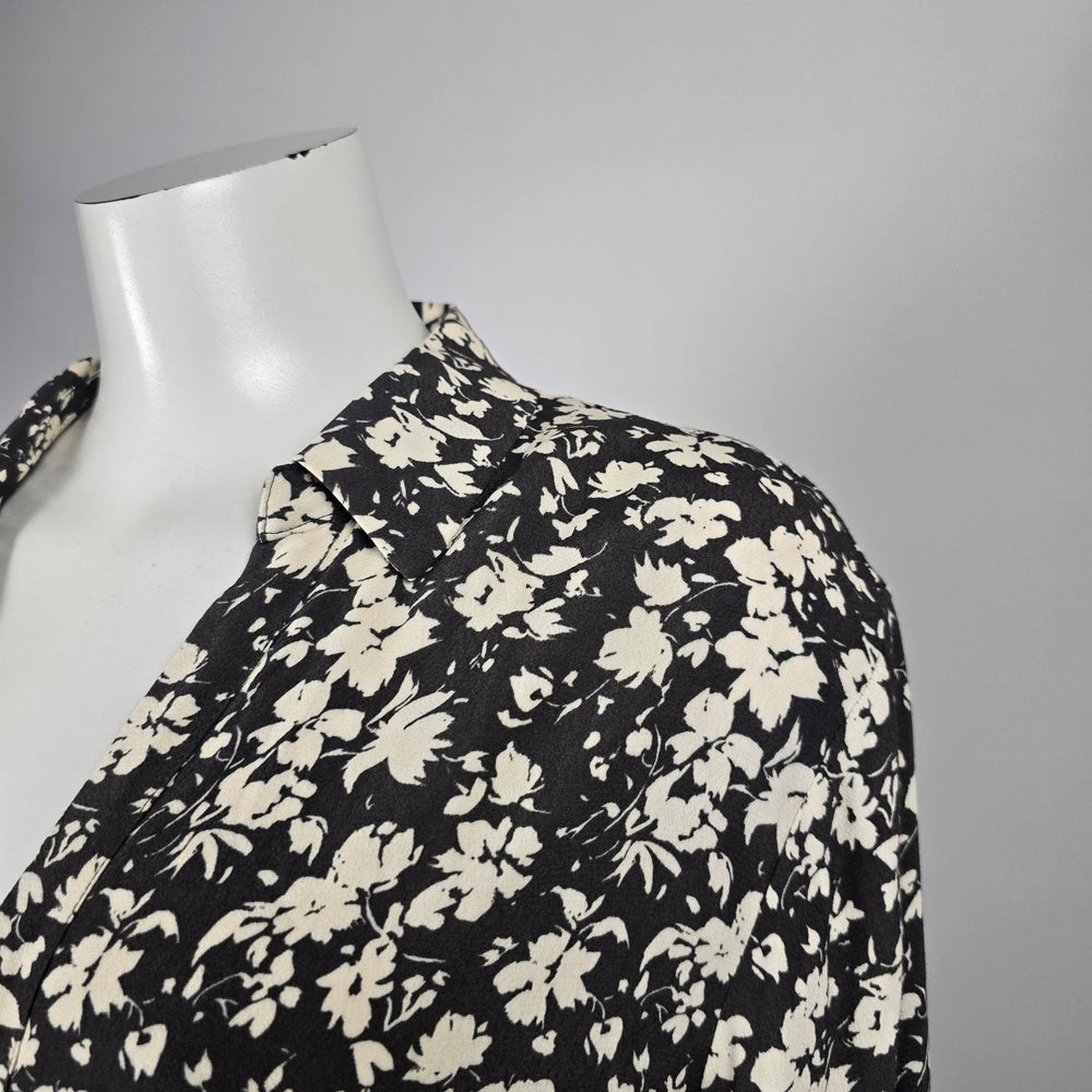 Saint Tropez Black & Cream Floral Button-Front Tie-Waist Midi Dress - Size M