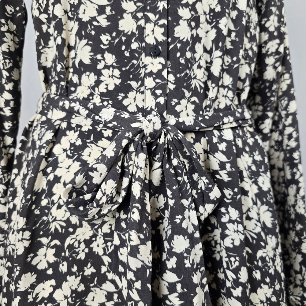 Saint Tropez Black & Cream Floral Button-Front Tie-Waist Midi Dress - Size M