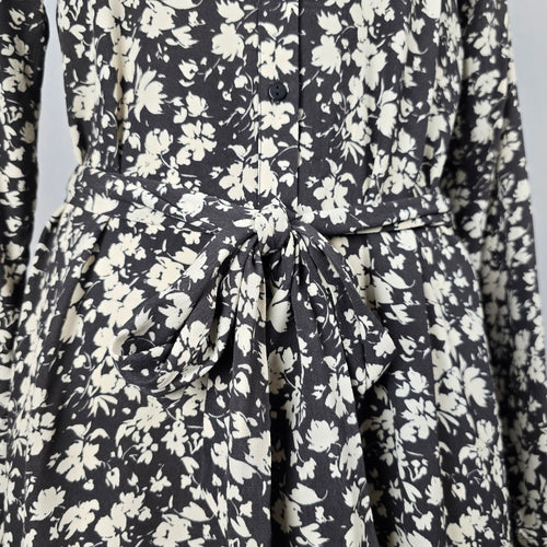 Saint Tropez Black & Cream Floral Button-Front Tie-Waist Midi Dress - Size M