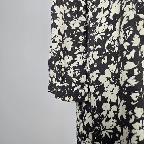 Saint Tropez Black & Cream Floral Button-Front Tie-Waist Midi Dress - Size M