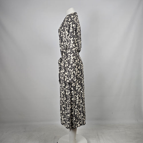 Saint Tropez Black & Cream Floral Button-Front Tie-Waist Midi Dress - Size M
