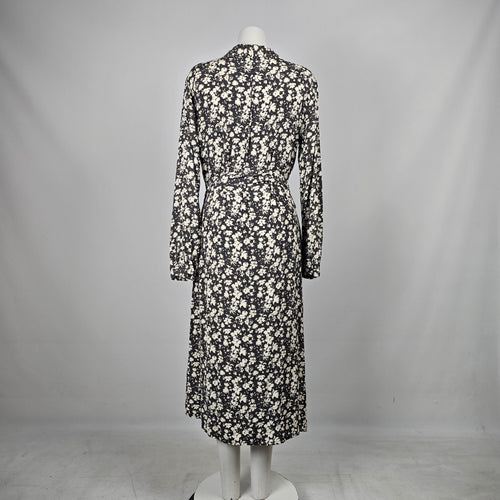 Saint Tropez Black & Cream Floral Button-Front Tie-Waist Midi Dress - Size M