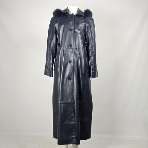 Vintage Bogato Black Leather Full-Length Hooded Coat with Fur Trim - Size 8