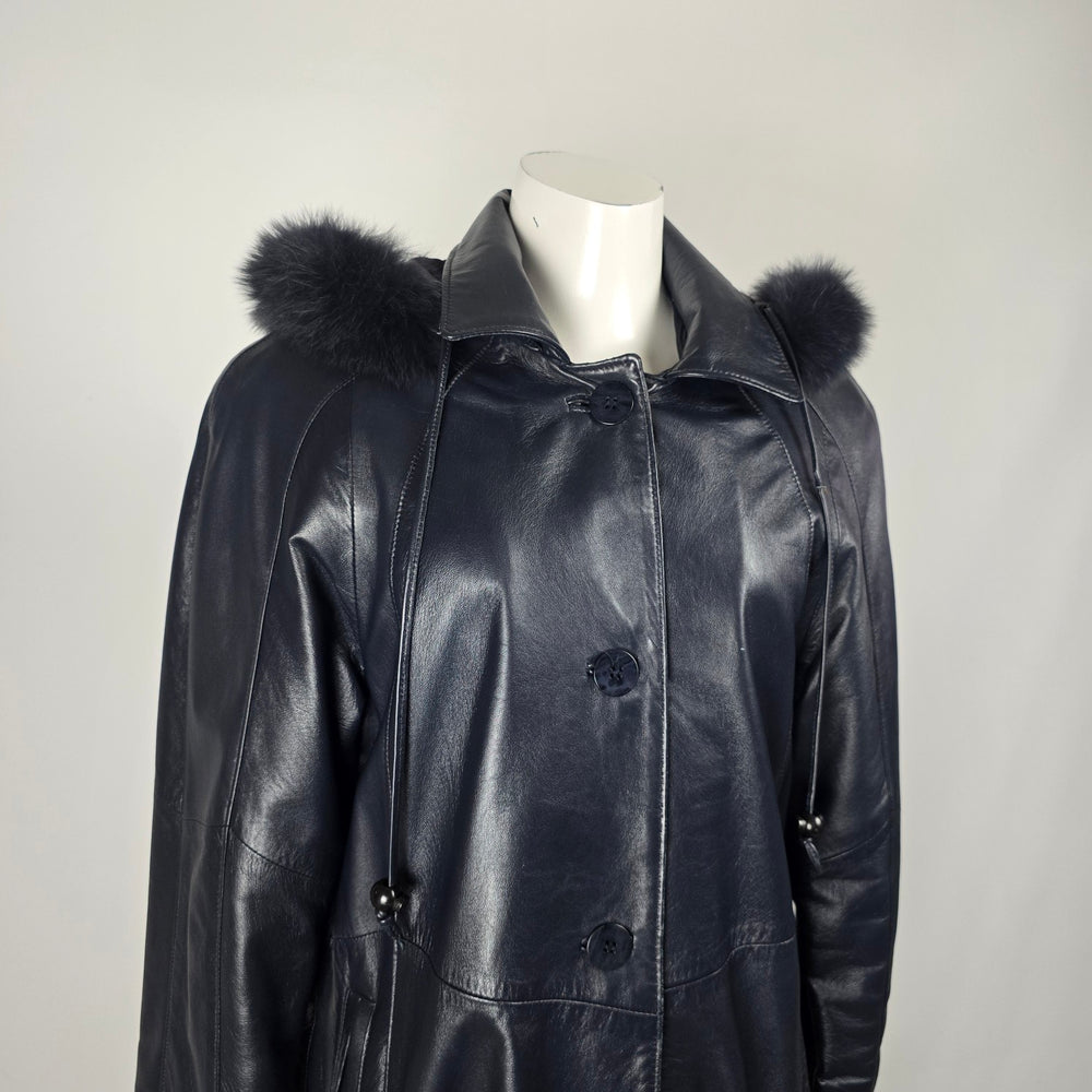 Vintage Bogato Black Leather Full-Length Hooded Coat with Fur Trim - Size 8