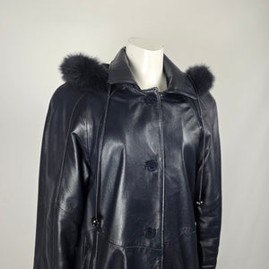 Vintage Bogato Black Leather Full-Length Hooded Coat with Fur Trim - Size 8