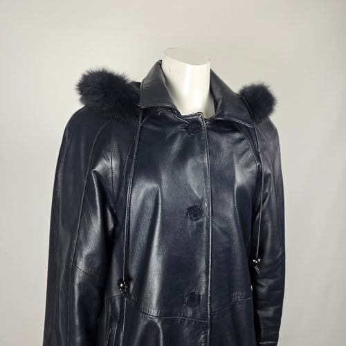 Vintage Bogato Black Leather Full-Length Hooded Coat with Fur Trim - Size 8