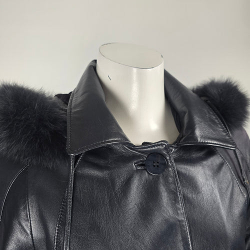 Vintage Bogato Black Leather Full-Length Hooded Coat with Fur Trim - Size 8
