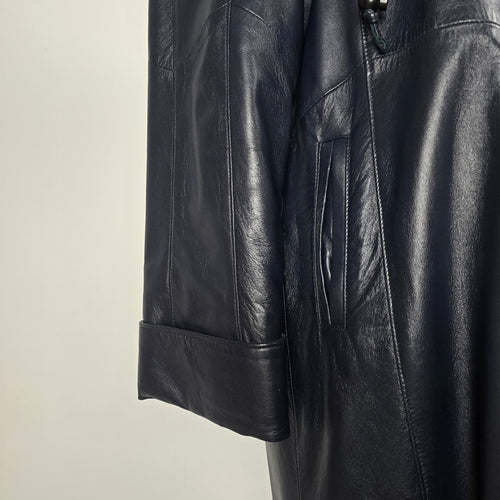Vintage Bogato Black Leather Full-Length Hooded Coat with Fur Trim - Size 8