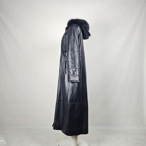 Vintage Bogato Black Leather Full-Length Hooded Coat with Fur Trim - Size 8