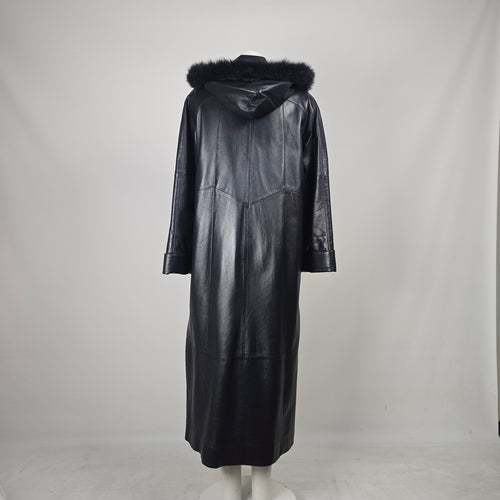 Vintage Bogato Black Leather Full-Length Hooded Coat with Fur Trim - Size 8