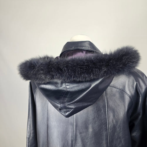 Vintage Bogato Black Leather Full-Length Hooded Coat with Fur Trim - Size 8