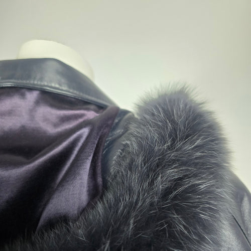 Vintage Bogato Black Leather Full-Length Hooded Coat with Fur Trim - Size 8