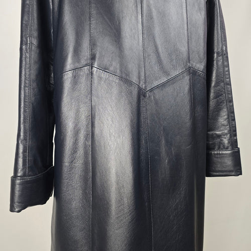 Vintage Bogato Black Leather Full-Length Hooded Coat with Fur Trim - Size 8