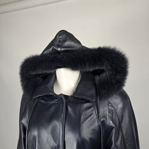 Vintage Bogato Black Leather Full-Length Hooded Coat with Fur Trim - Size 8