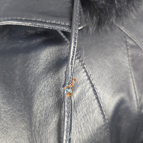 Vintage Bogato Black Leather Full-Length Hooded Coat with Fur Trim - Size 8