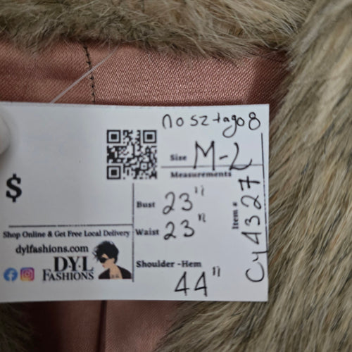 Vintage Beige Faux Fur Long Coat with Shawl Collar & Satin Lining - Size M-L