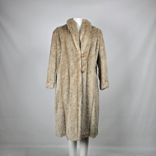 Vintage Beige Faux Fur Long Coat with Shawl Collar & Satin Lining - Size M-L