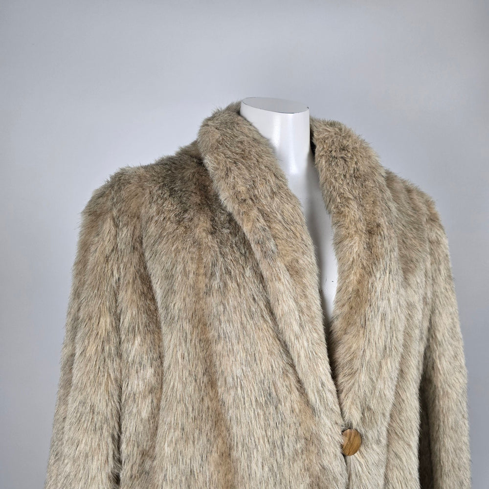 Vintage Beige Faux Fur Long Coat with Shawl Collar & Satin Lining - Size M-L