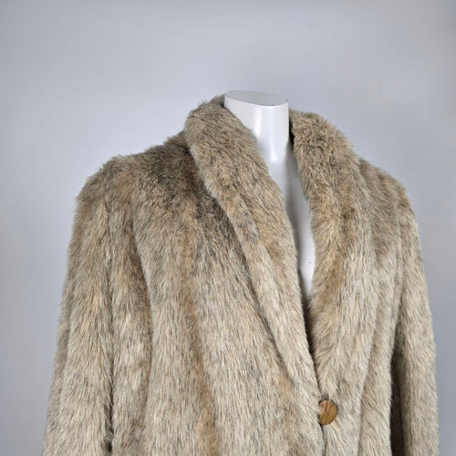 Vintage Beige Faux Fur Long Coat with Shawl Collar & Satin Lining - Size M-L