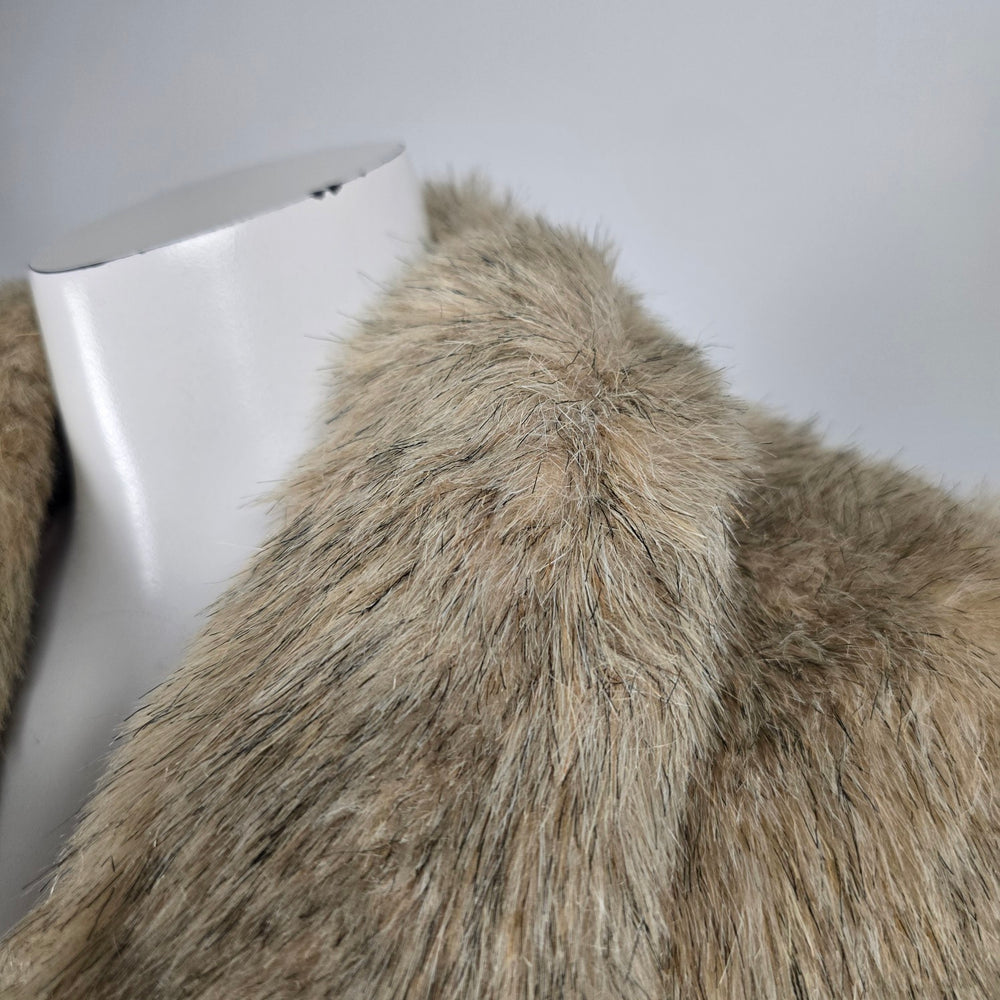 Vintage Beige Faux Fur Long Coat with Shawl Collar & Satin Lining - Size M-L