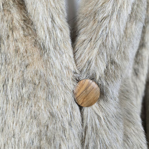 Vintage Beige Faux Fur Long Coat with Shawl Collar & Satin Lining - Size M-L