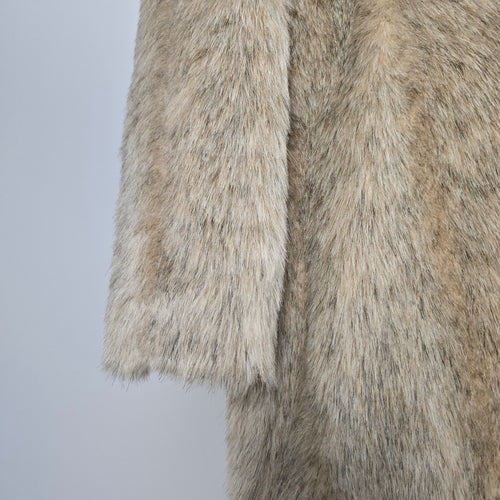 Vintage Beige Faux Fur Long Coat with Shawl Collar & Satin Lining - Size M-L