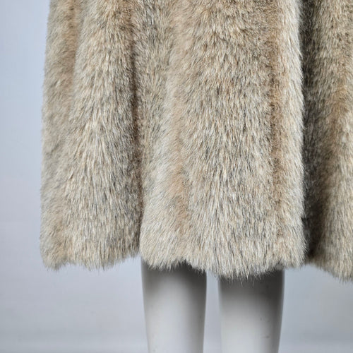 Vintage Beige Faux Fur Long Coat with Shawl Collar & Satin Lining - Size M-L
