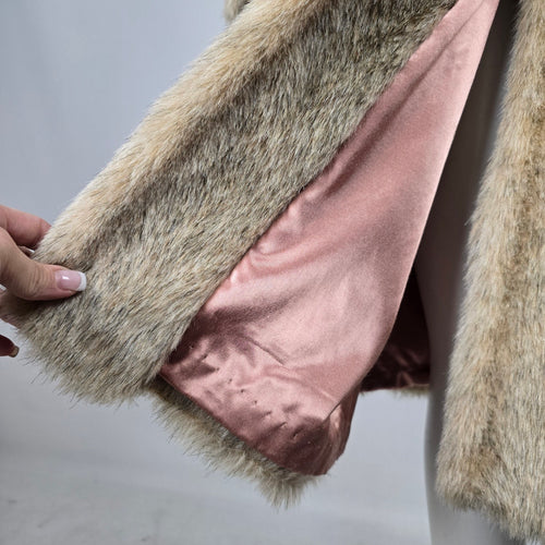 Vintage Beige Faux Fur Long Coat with Shawl Collar & Satin Lining - Size M-L