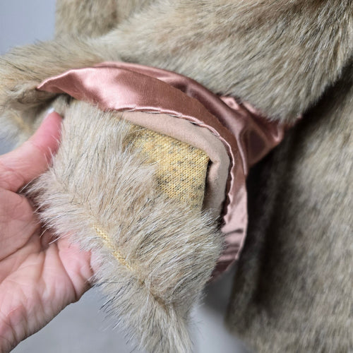Vintage Beige Faux Fur Long Coat with Shawl Collar & Satin Lining - Size M-L