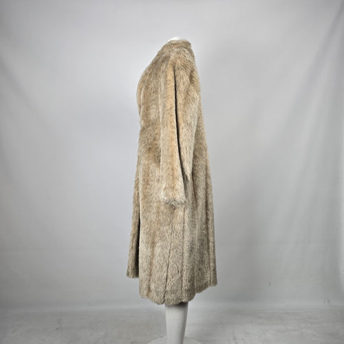 Vintage Beige Faux Fur Long Coat with Shawl Collar & Satin Lining - Size M-L