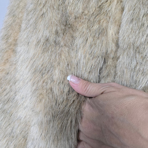 Vintage Beige Faux Fur Long Coat with Shawl Collar & Satin Lining - Size M-L