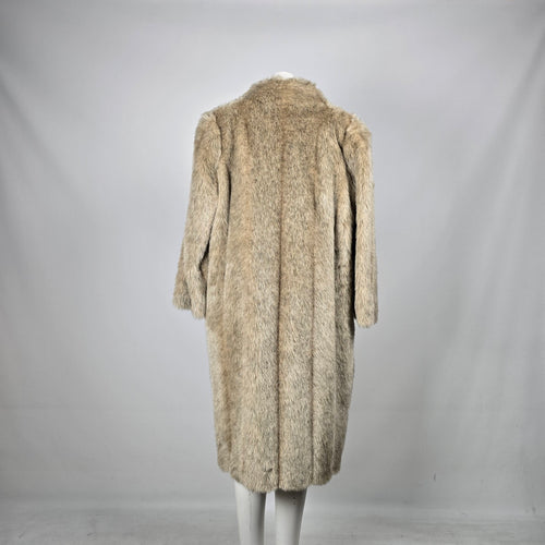 Vintage Beige Faux Fur Long Coat with Shawl Collar & Satin Lining - Size M-L