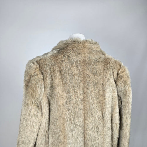 Vintage Beige Faux Fur Long Coat with Shawl Collar & Satin Lining - Size M-L