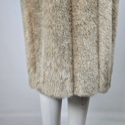 Vintage Beige Faux Fur Long Coat with Shawl Collar & Satin Lining - Size M-L