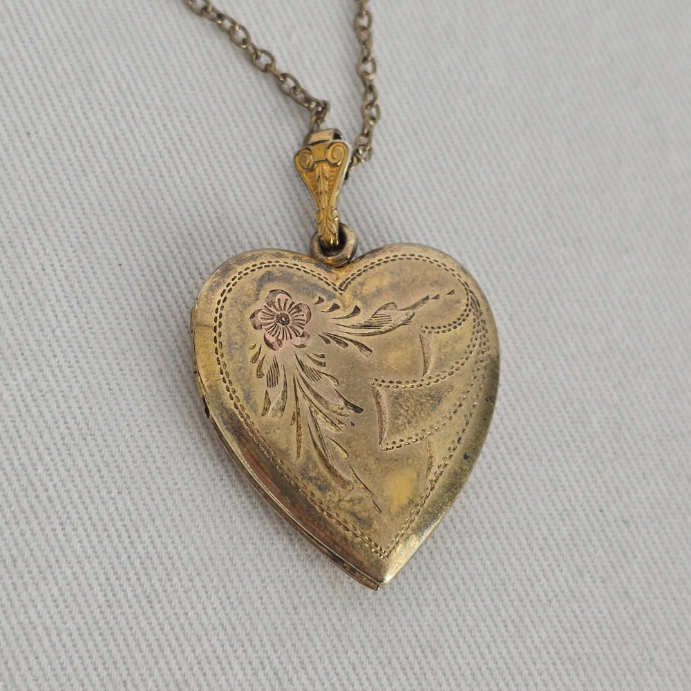 Vintage Gold-Tone Engraved Heart Locket Pendant Necklace with Floral Detail