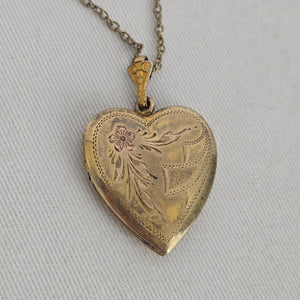 Vintage Gold-Tone Engraved Heart Locket Pendant Necklace with Floral Detail