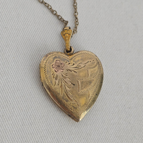Vintage Gold-Tone Engraved Heart Locket Pendant Necklace with Floral Detail