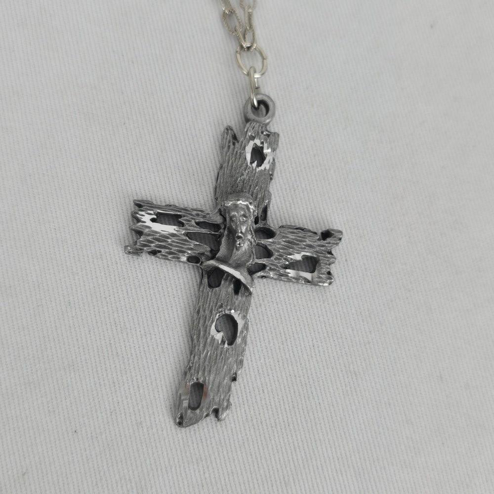Vintage Silver-Tone Crucifix Cross Pendant Necklace with Textured Chain