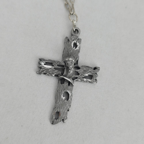 Vintage Silver-Tone Crucifix Cross Pendant Necklace with Textured Chain