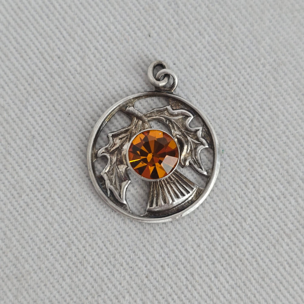 Vintage Celtic Scottish Thistle Orange Rhinestone Pendant Charm