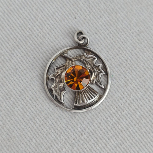 Vintage Celtic Scottish Thistle Orange Rhinestone Pendant Charm