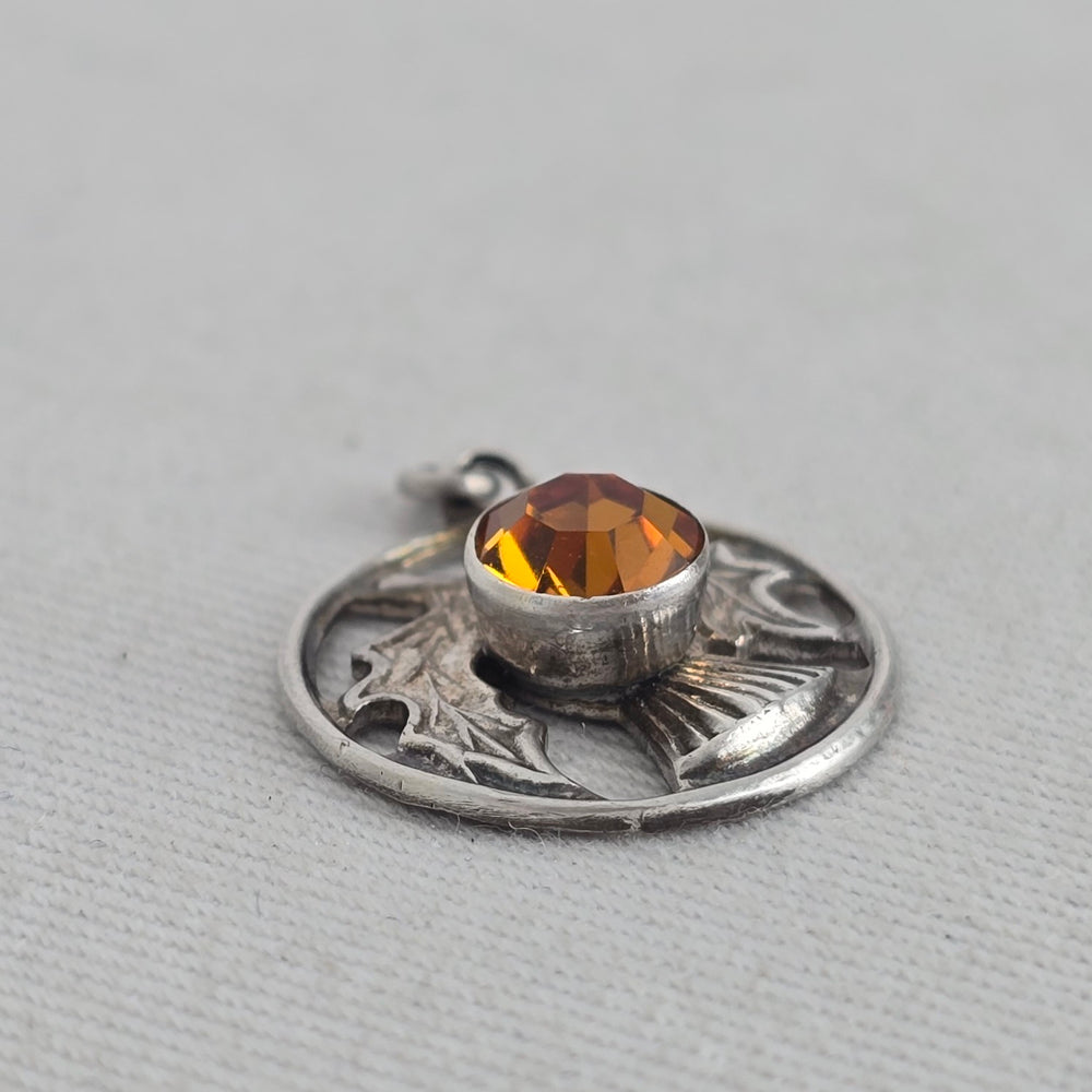 Vintage Celtic Scottish Thistle Orange Rhinestone Pendant Charm