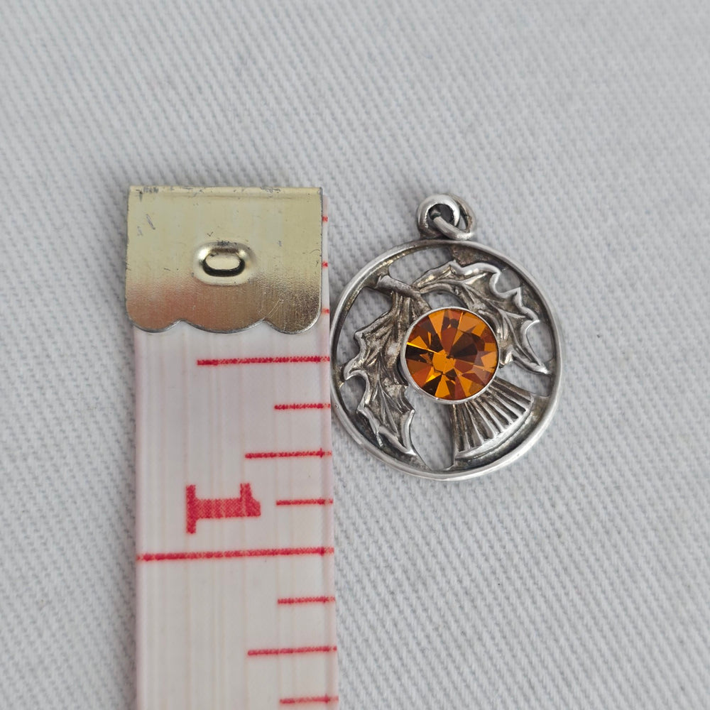 Vintage Celtic Scottish Thistle Orange Rhinestone Pendant Charm