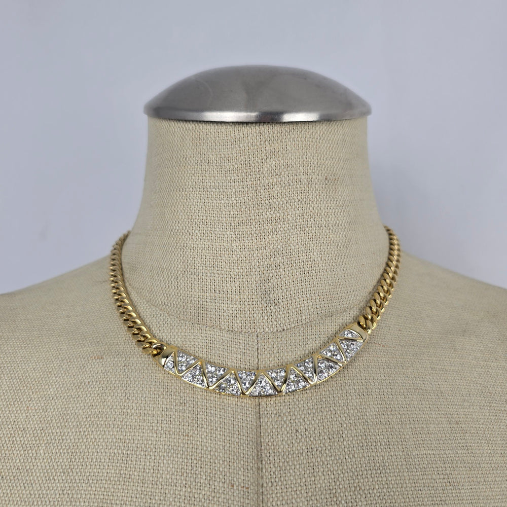 Vintage Gold-Tone Rhinestone Geometric Curb Chain Statement Necklace