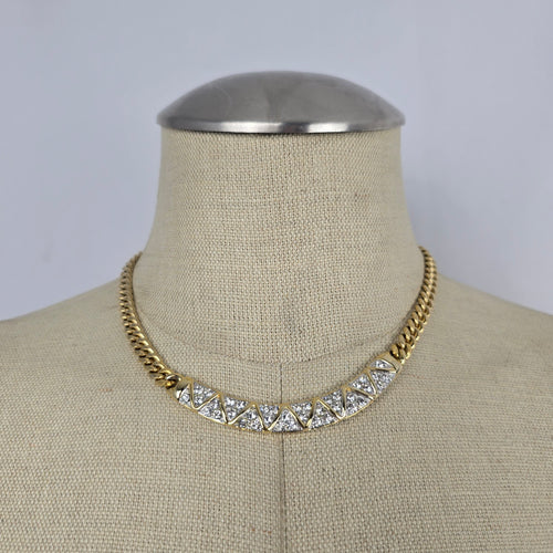 Vintage Gold-Tone Rhinestone Geometric Curb Chain Statement Necklace