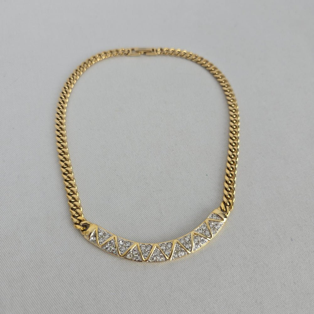 Vintage Gold-Tone Rhinestone Geometric Curb Chain Statement Necklace