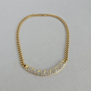 Vintage Gold-Tone Rhinestone Geometric Curb Chain Statement Necklace