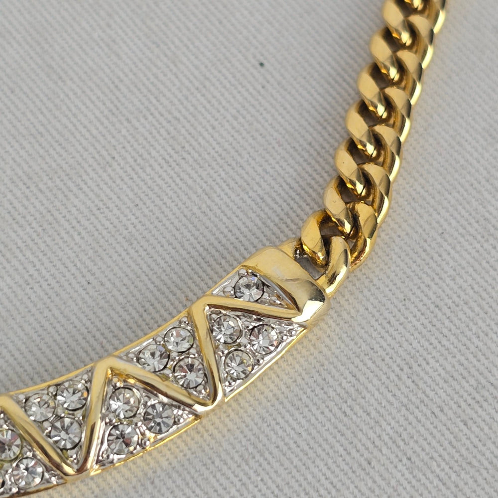 Vintage Gold-Tone Rhinestone Geometric Curb Chain Statement Necklace