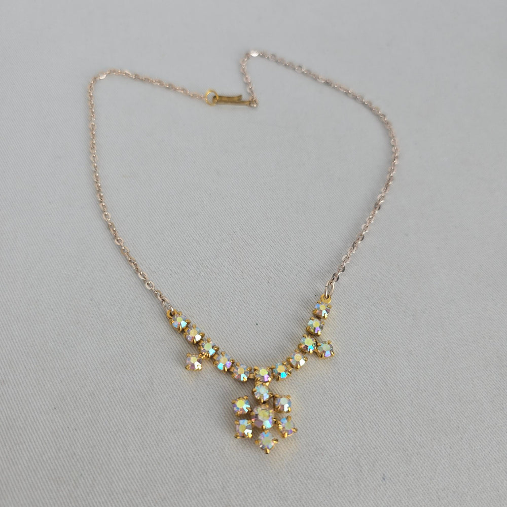 Vintage Aurora Borealis Rhinestone Floral Drop Necklace